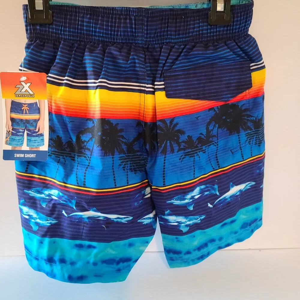 XEROXPOSUR SWIM SHORTS & GOGLES UPF 50 + OCEAN SHARK MOTIF SZ6/7